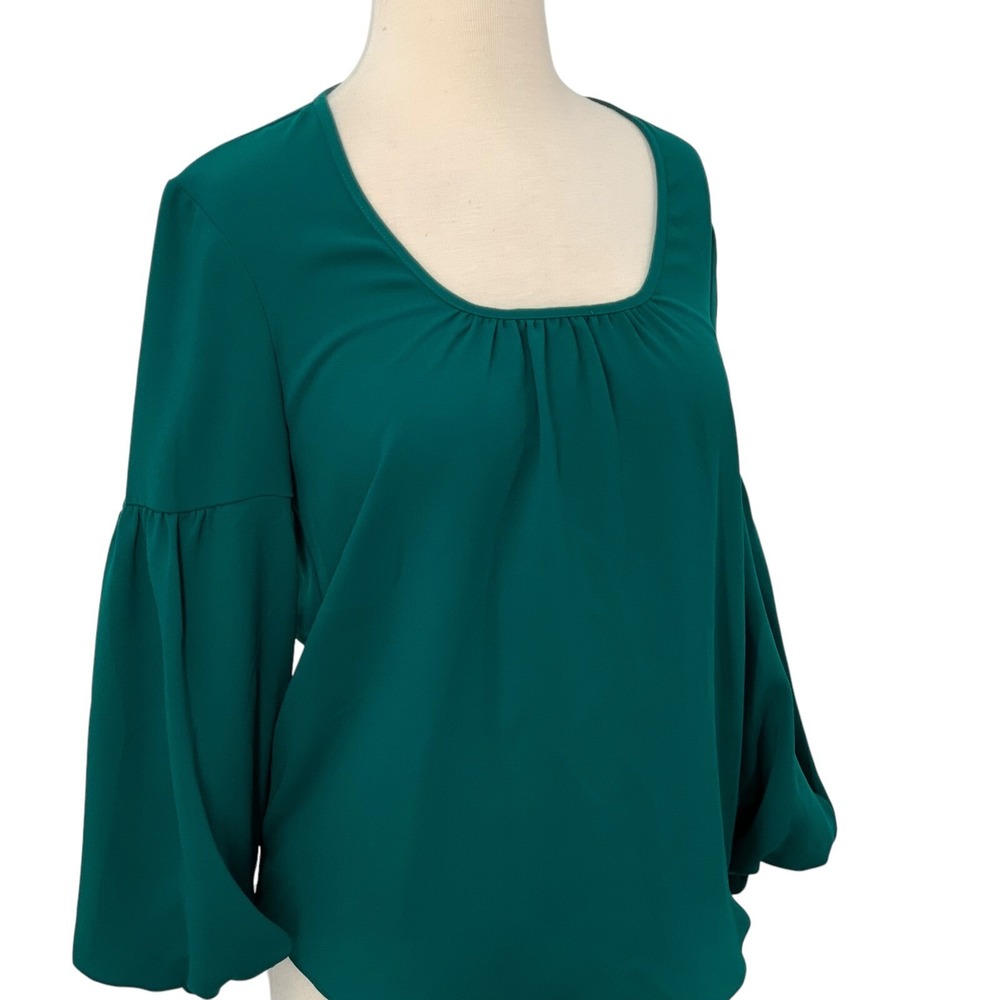 Trina Turk Women's Balloon Sleeve Squared Gathered Neck‎ Green Blouse Size XS - Picture 2 of 8
